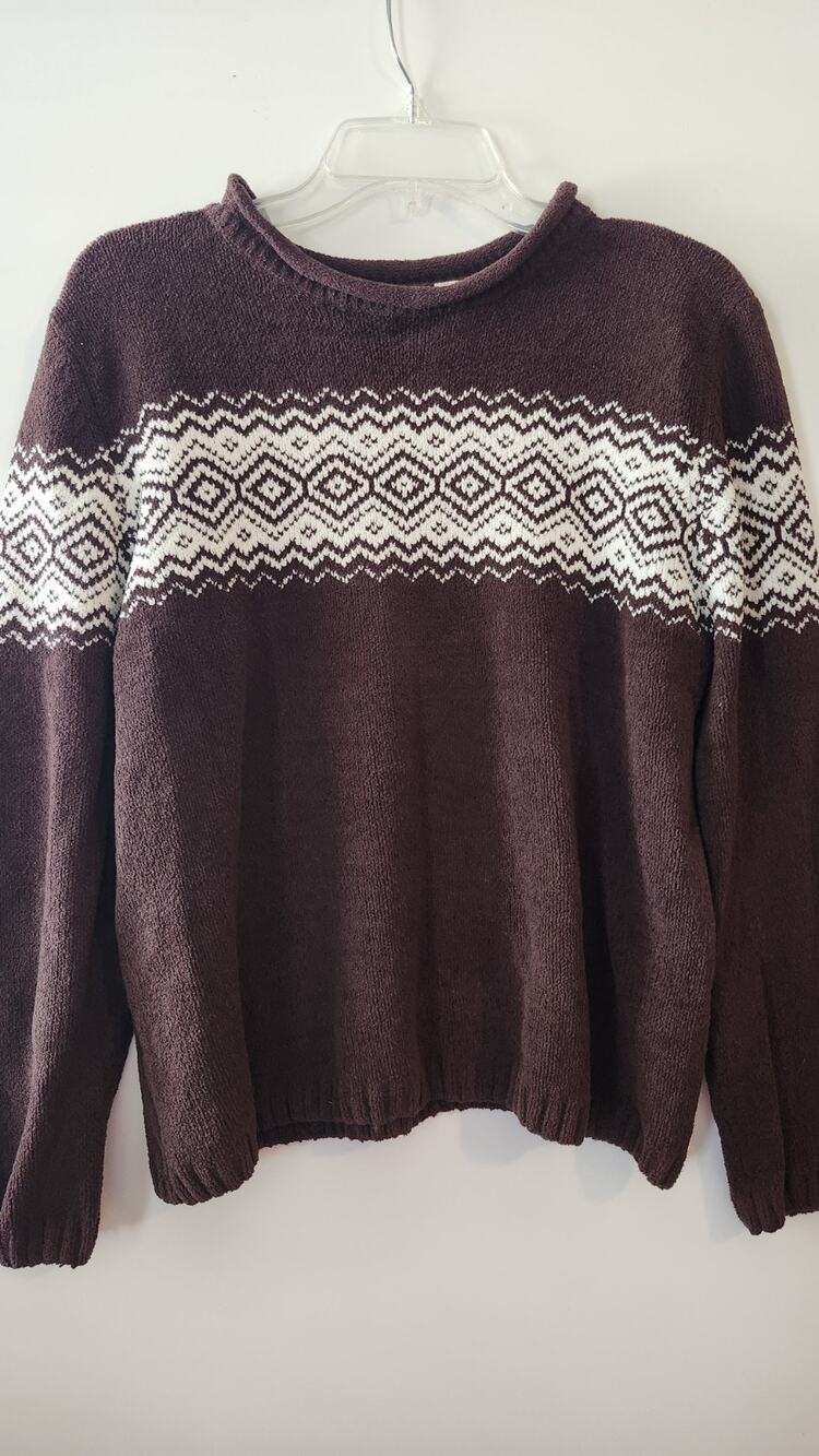 Erika Women's Chenille Fair Isle Sweater Geometric Knit Burgundy Size L #419